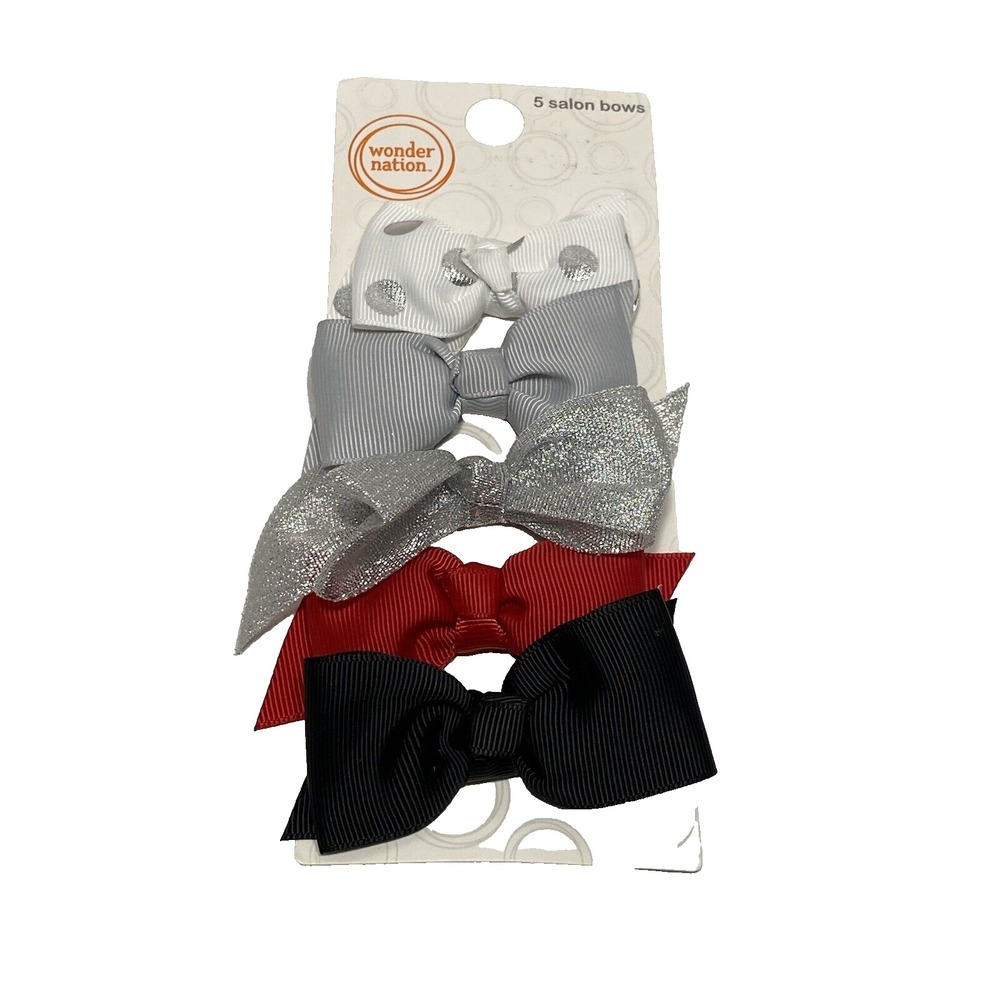 Wonder Nation Girls Hair Clip Bows 5 Pack Black Red Silver Grey White Clips